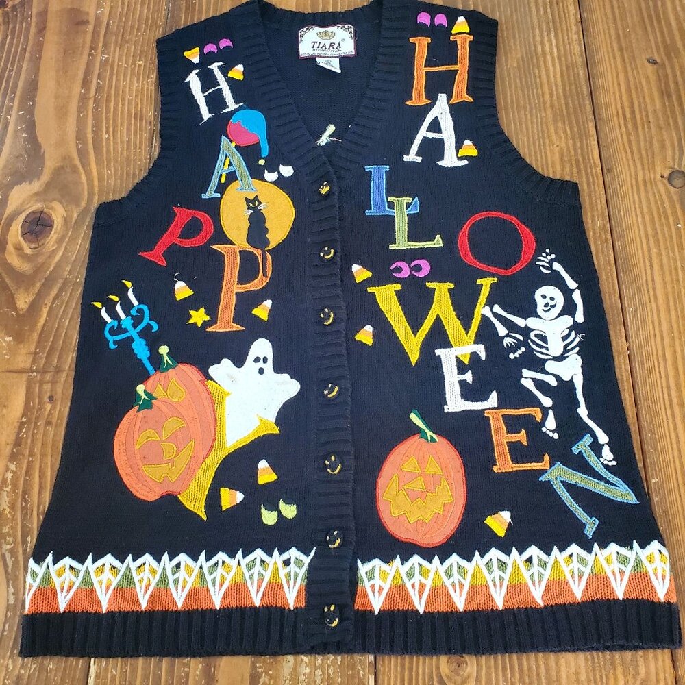Vintage Tiara Womens Halloween Vest Black Knitted Button Front Ghost Pumpkin Ske